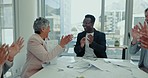 Business meeting, applause and staff success with collaboration for project management team in office. Teamwork, motivation and startup company growth with clapping for development research support