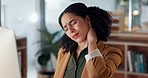 Woman, neck and hand is sore, office and ache or cramp, laptop and business or pain. Businesswoman, injury and entrepreneur of startup, massage and arthritis or frustrated, fatigue and workplace