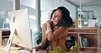 Back pain, night and woman in office with computer for research or stress from digital marketing. Tired, burnout and a corporate employee with muscle injury during overtime and anxiety about deadline