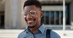 Business, face and happy black man with glasses in a city for travel, commute or outdoor morning trip. Portrait, smile and confident African male design intern excited to begin new job or career