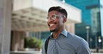 City, happy face and professional black man on walk journey, commute and businessman smile on way to office building. Happiness, moving and African worker on morning travel to work in Chicago, USA