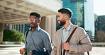 Smile, talking and walking with business men in the city on their morning commute into work together. Collaboration, planning and ideas with employee partners chatting outdoor in an urban town