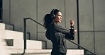Woman on city stairs for exercise, stretching with headphones in muscle workout and morning body training. Urban fitness, power and performance, girl on steps with music, warm up and outdoor sports.