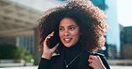 Outdoor, phone call and woman with a smile, speaking and connection with communication, afro or happiness. Person in a city, mobile user or girl with smartphone, network or contact with conversation