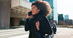 Walking, smile or businesswoman in city on a phone call talking, networking or speaking in travel. Mobile communication, chat or happy female entrepreneur in conversation, discussion or negotiation