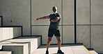 Black man on city steps for fitness, warm up and muscle workout for morning body training. Urban exercise, power and performance, athlete on stairs with energy, stretching and outdoor sport challenge