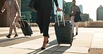 Man, woman and travel with work for corporate, professional and airport with luggage to plane. Formal, career and executives with luxury in first class and visa, booking and
reservation for hotel