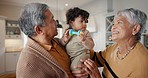 Smile, love and grandparents with grandchild at their home for bonding in the living room together. Happy, family and senior woman and man from Mexico with a baby, toddler or kid at modern house.