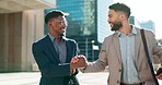 Outdoor, men and walking with business people, handshake and planning with smartphone, smile and hug. Staff, city and coworkers with feedback, speaking and cooperation with professional and talking