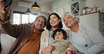 Grandparents, woman and baby in selfie, home and bonding with love, support and relax for memory on social media. Elderly woman, old man and mom with child, together and photography in family house