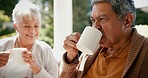 Senior couple, drinking coffee and closeup in outdoors, retirement and love for bonding, marriage and trust. Smiling old mexican people, support and relax on porch with food and morning conversation