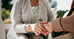 Hands, empathy and support with a senior couple closeup in their home for love, trust or care during retirement. Hope, healing or respect with an elderly man and woman in their living room for help