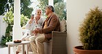 Mature couple, talking and coffee in garden on retirement, bonding and conversation in backyard. Diverse married people, communication or happiness in countryside for romance and enjoyment in old age