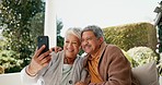 Video call, smile and senior couple in garden for fresh air and bonding together with communication. Happy, technology and elderly man and woman in retirement on a virtual conversation with cellphone