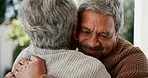 Senior couple, hug and smile in closeup, backyard and reunion with bonding, love and care in retirement. Elderly woman, old man and embrace with romance, thinking and happy for connection in marriage