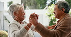 Old couple, dancing on porch with love and bonding outdoor, love and energy with life partner in marriage. Commitment, dance and fun together at home, music and trust with people in retirement