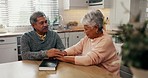 Senior man, woman and prayer with bible, holding hands and home for hope, mindfulness and peace. Old couple, religion and connection with book, spiritual growth and gratitude to worship God together