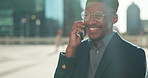 Business deal, city or happy black man on a phone call talking, networking or speaking to chat. Mobile, communication or African male entrepreneur in conversation, discussion or negotiation outdoors