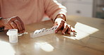 Hands, pill box and medicine for daily health, person with prescription pharmaceutical and supplements for wellness. Dose, treatment and vitamins for healthcare, closeup and pharmacy with patient