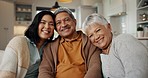 Face of woman with her elderly parents on a sofa in the living room to relax, bond or rest together. Happy, smile and portrait of female person sitting in the lounge with senior people in retirement.