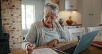 Senior woman, confused and documents on laptop for bills, budget calculation and financial or asset management at home. Elderly person and paperwork for taxes, pension or mortgage invoice with stress