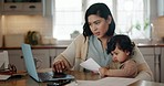 Mom, baby and computer for work from home, documents and finance paperwork, taxes or bills and receipt. Single mother or family on laptop for job search or loan application with child care in kitchen