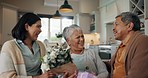 Birthday, gift and senior parents with flowers for celebration, event and bonding together at home. Happy family, party and elderly mother and father with daughter for present, surprise and love