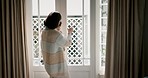 Window, home and mother with baby pointing and looking at garden view for bonding, love and relaxing. Family, glass and happy mom with child open curtain for sunshine, development and childhood