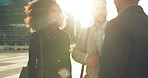 Business woman, people handshake and city for b2b partnership, outdoor deal and travel meeting or success. Professional employees or clients shaking hands, group introduction or talking in lens flare