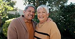 Smile, love and face of senior couple in garden hugging for bonding, romance or date in nature. Happy, portrait and elderly woman and man in retirement from Mexico standing in outdoor garden together