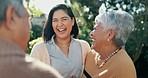 Woman, laughing or senior parents hug for bonding, support or love in backyard of a family house. Old man, funny or mature mom with a happy daughter in outdoor porch together on holiday vacation