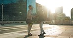 Teamwork, greeting or business people shaking hands in city for project agreement or b2b deal. Hiring, outdoor handshake or men meeting for a negotiation, offer or partnership opportunity on rooftop