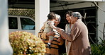 Family, welcome and hug outdoor of home in backyard with mother, grandparents and child with love and care. Reunion, woman and kid visit parents, travel and surprise for holiday with embrace or joy