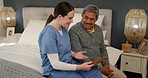 Clipboard, healthcare and nurse with senior man in bedroom for medical wellness consultation. Checklist, professional and female caregiver doing checkup with elderly male patient at nursing home.