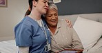 Hug, support and nurse with senior woman in bedroom for medical wellness consultation with help. Comfort, healthcare and caregiver embracing elderly female patient for checkup on bed in nursing home.