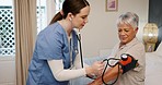 Old woman, blood pressure check and nurse, elderly care and help with support in cardiovascular healthcare. Hypertension, medical test and people in bedroom, homecare and health, trust and assessment