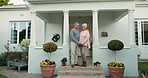 New home, senior couple love and smile for house, real estate or retirement investment support, care and connection. Relocation portrait, eye contact or homeowner people holding hands on Mexico porch