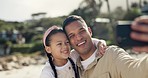 Happy, child selfie and hug with dad at beach with love, care and support from bonding in park. Young girl, father and family together with a smile of kid in summer on holiday in Miami at sea