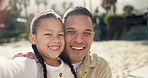 Happy, child selfie and hug at sea with dad with love, care and support from bonding at ocean. Young girl, father and family together with smile of excited kid in summer on holiday in Miami at beach