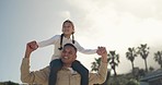 Beach, walking and dad with child on shoulder, bonding and having fun together, relax and papa point at tropical sea. Sky, below view and happy father, kid or family support, care and piggyback girl