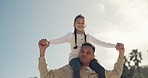 Beach, walk and father with happy kid on shoulder, bonding and have fun, playing and morning journey together. Sky, playful and tropical island family, kid and goofy dad piggyback girl on Fathers Day