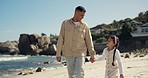 Beach walk, holding hands and happy child, dad and family bond together on journey, holiday or tropical island. Conversation, fathers day love and papa care, happiness and talking on nature vacation