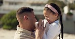 Dad, beach and tickle with child in summer with bonding, travel and holiday in Miami outdoor. Love, father and young girl with happy family and vacation together on trip by the sea and ocean with fun