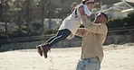 Dad, beach and playing with child in air with bonding, travel and holiday in Miami outdoor. Love, father and young girl with happy family and vacation together on trip by the sea and ocean with fun