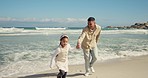 Ocean, father and holding hands with happy kid, running from sea waves and family bonding, having fun and excited. Tropical nature game, beach water and child with parent, care and playing together