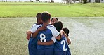 Children, soccer success and celebration with a team on a field together as the competition winner. Kids, happy and motivation with a football player group jumping or bouncing on a field of grass