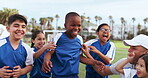 Celebration, team and soccer with children on field, pride and win outdoor in nature with happiness or teamwork. Face, kids and excited for game smile or football, workout and fitness with diversity