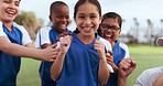 Football celebration, sports team winner and children excited, happy or celebrate winning, competition victory or success. Soccer player portrait, teamwork achievement and kids smile for game victory