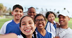 Group, soccer and children with selfie for sports with coach and outdoor in nature with happiness and teamwork. Face, kids and man with game smile for football, workout and fitness with diversity