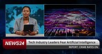 News, reporter woman and artificial intelligence in tv studio for broadcast, fear or futuristic coding. Television journalist, African presenter face and tablet for ai info, danger or scared   on air